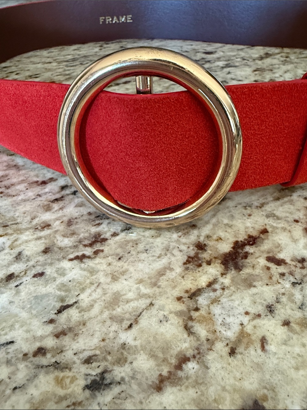 Frame Denim Le Circle Belt Red Suede with Gold Tone Round Buckle Sz L - Picture 3 of 13